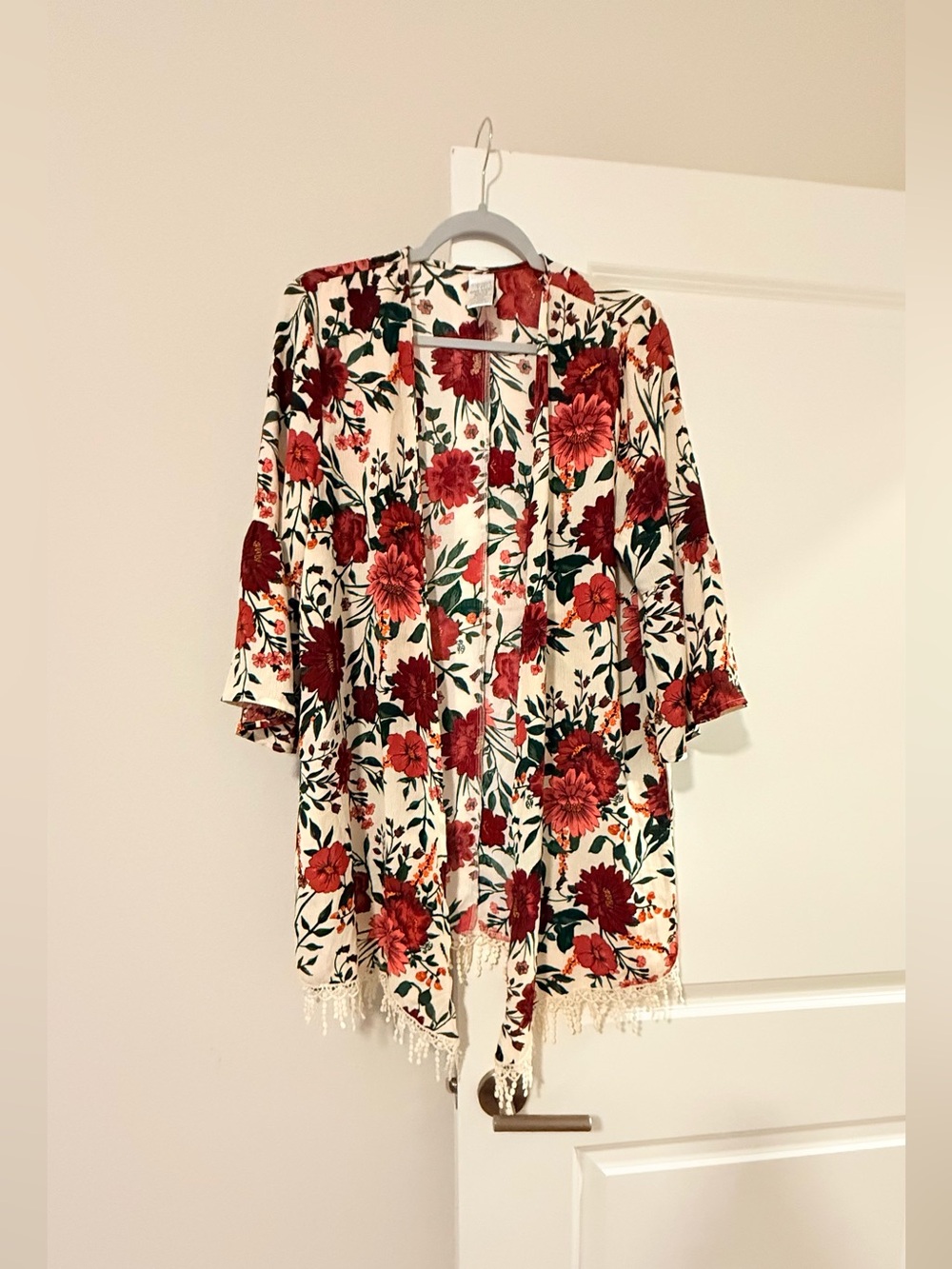 Time and Tru Cream Kimono with Red Floral Print